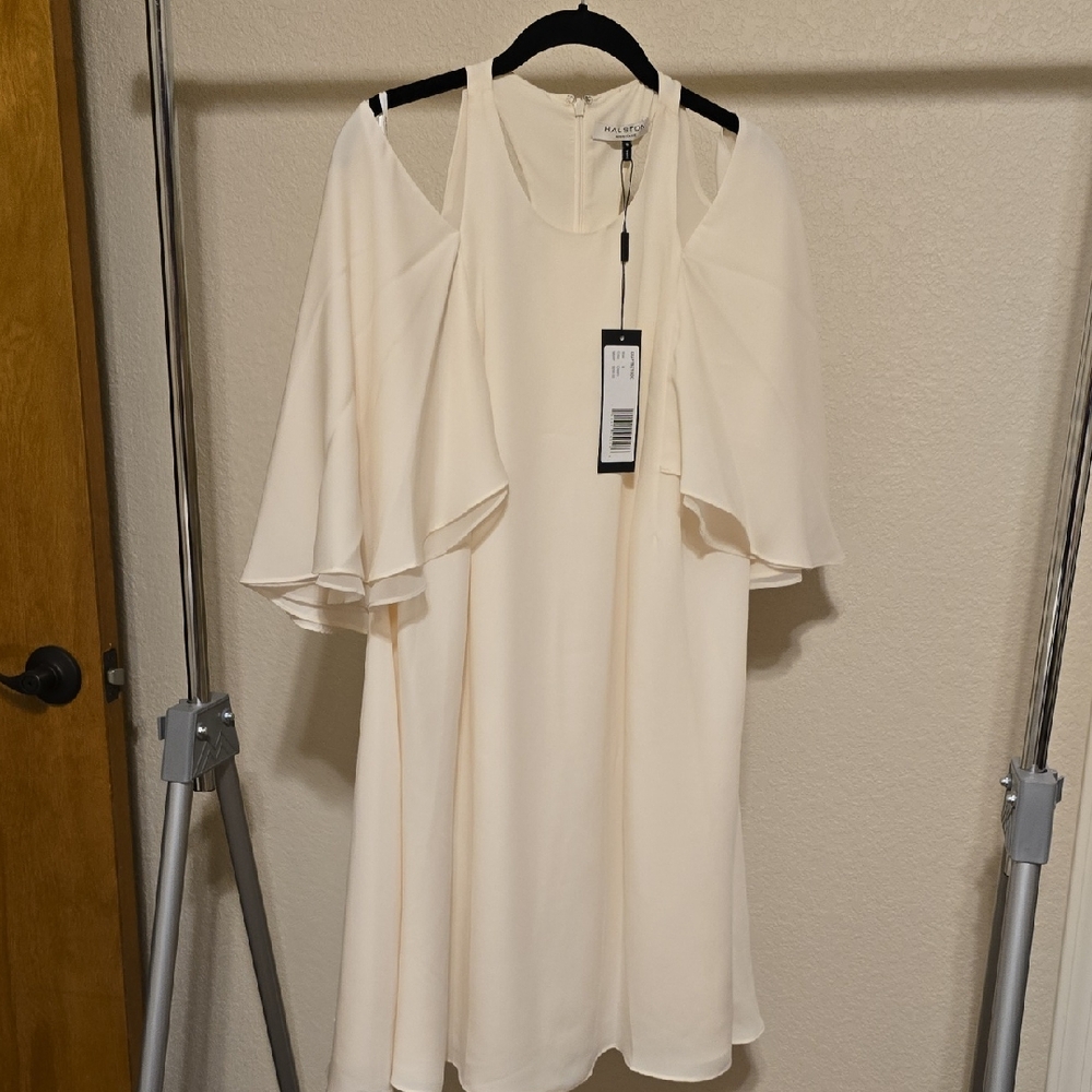 Halston Heritage Cream Cold-Shoulder Mini Dress